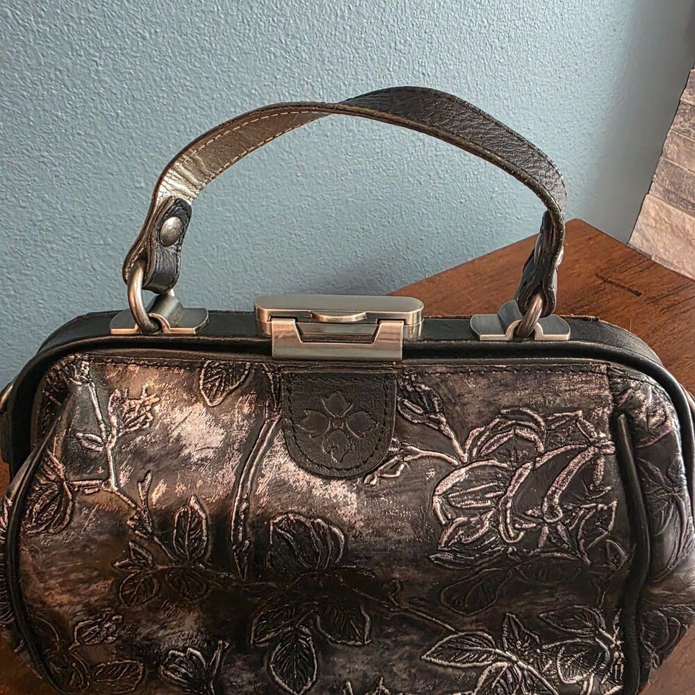Patricia Nash Silver Black Gracchi Tooled Leather Frame Satchel Purse Handbag - Picture 7 of 9